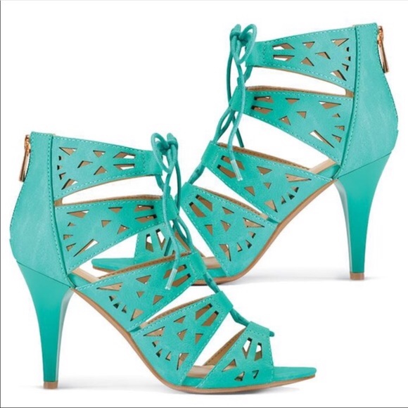 Avon Shoes - Avon Teal Lace Up Caged Heels